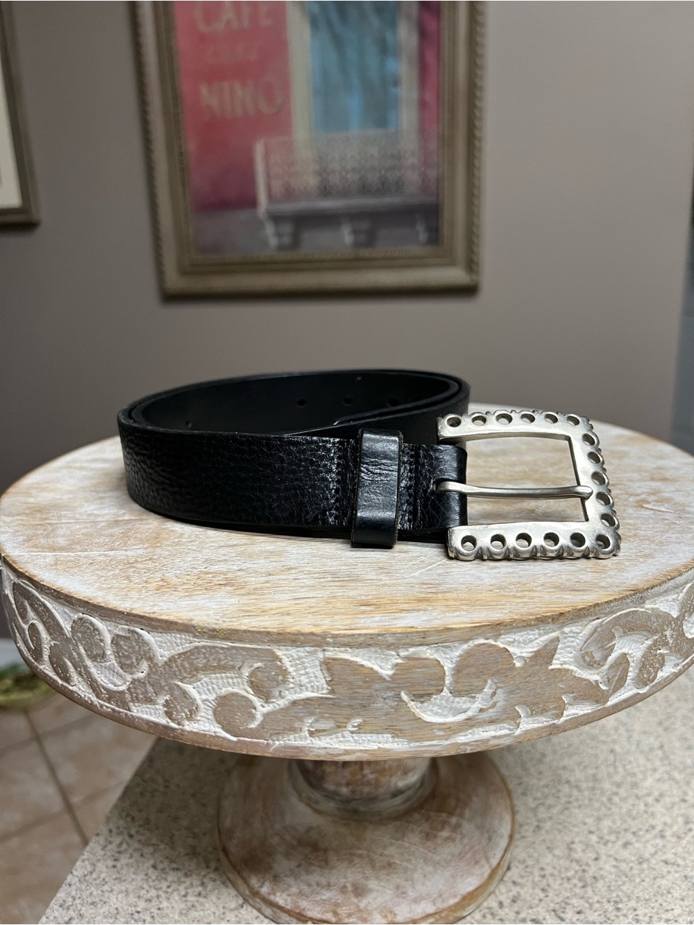 Boston Traders Black Leather Belt with Scalloped Silvertone Buckle